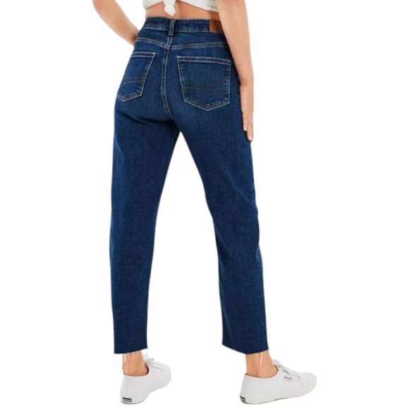 AMERICAN EAGLE Mom Straight Jeans Women 2 Blue Stretch High Rise Raw Hem Western - Picture 5 of 14